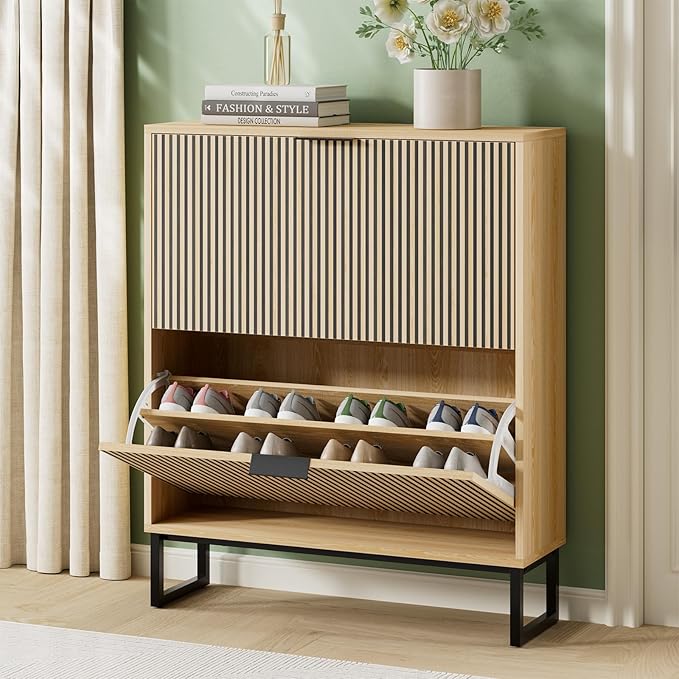 Shoe Cabinet Storage Entryway Slim, Shoe Organizer Cabinet with 2 Flip Drawers, Modern Freestanding Hidden Shoe Rack for Entryway, Natural Wood