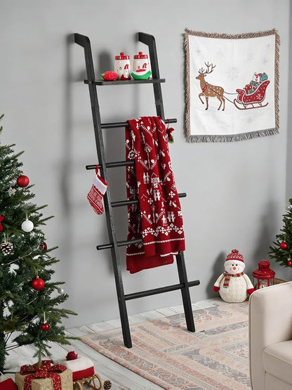 Taozun Black Blanket Ladder with Shelf for Living Room, 67-Inch Wooden 5-Tier Farmhouse Towels and Quilt Rack Decor - Wall Leaning Display Holder for Blankets and Throws