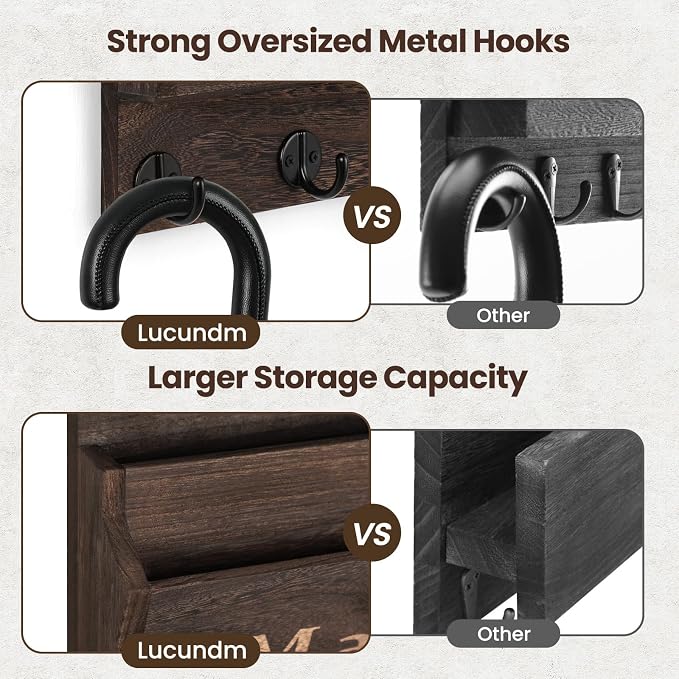 Mail and Key Holder - Decorative 8.86" x 11.42" Wall Key Hanger with 2 Mail Organizer Slots and 3 Hooks - Real Paulownia Wood with Keyhole Brackets, Hardware and Instructions (Brown)