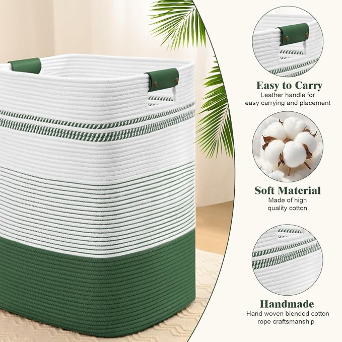 Degeyoyo Laundry Hamper, 95L Tall Laundry Basket with Leather Handles, Rectangle Large Clothes Hamper for Organizing, Cotton Woven Laundry Baskets Storage Hampers for Bedroom, Nursery, Living Room