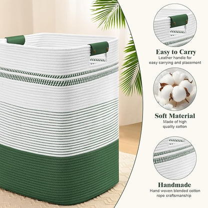 Degeyoyo Laundry Hamper, 95L Tall Laundry Basket with Leather Handles, Rectangle Large Clothes Hamper for Organizing, Cotton Woven Laundry Baskets Storage Hampers for Bedroom, Nursery, Living Room