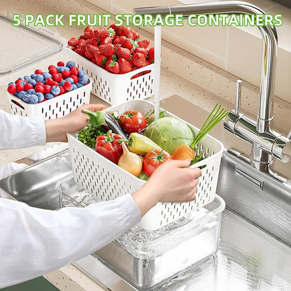 5 Pack Fruit Storage Containers for Fridge with Removable Colanders - Food Storage Containers with Lids, BPA-Free Produce Containers Keep Fruits, Vegetables, Berry, Meat Fresh Longer