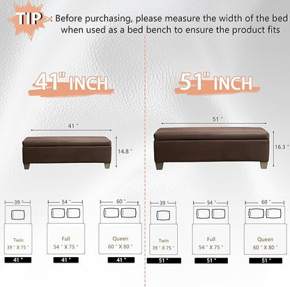 41" Storage Ottoman, Storage Bench with Safety Hinge, Upholstered Synthetic Leather Ottoman Bench for Bedroom, Living Room, Entryway, Hallway, Foot Rest, Support 500lbs, Brown