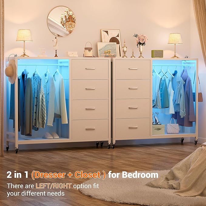 Cyclysio Dresser with Hanging Rack, 4 Fabric Drawers Dresser with Clothes Rack, Wooden Top Storage Chest of Drawers with Charging Station & LED Lights, Lockable Wheels, Closet