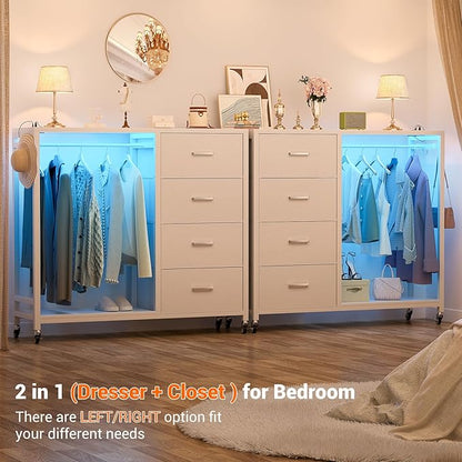 Cyclysio Dresser with Hanging Rack, 4 Fabric Drawers Dresser with Clothes Rack, Wooden Top Storage Chest of Drawers with Charging Station & LED Lights, Lockable Wheels, Closet
