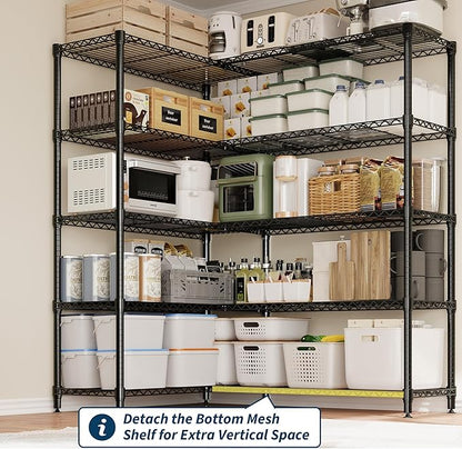 GarveeLife 70" H Storage Shelves L-Shaped 1325 LBS Heavy Duty Metal Shelving 5-Tier Wire Shelving for Corner Storage Rack Adjustable Pantry Shelf for Kitchen Pantry, 70.5" H x 59" W x 13.8" D