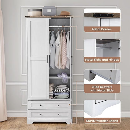 Brafab Armoire Wardrobe Closet with 2 Modern Doors Set of 2, 71" Tall Freestanding Closet Wardrobe Cabinet with Drawers and Hanging Rail, Light Wooden Storage Cabinet with Shelve for Bedroom, White