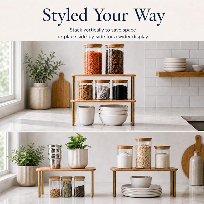 Ibyx Cabinet Organizer Set of 2 - Kitchen Pantry Organizers and Storage with Bamboo Top & Brass-Effect Metal Legs - for Kitchen Counter & Stackable Shelves for Cabinets with 22 lb Capacity - Brown