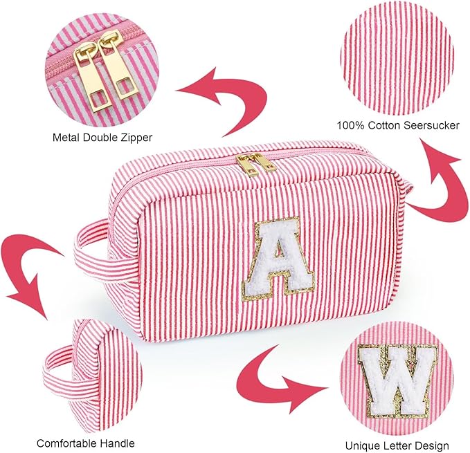 YOOLIFE Initial Cosmetic Bag for Women - Monogram Cute Makeup Bag Cosmetic Case Toiletry Pouch for Women Her Best Friend Sister Teacher, Personalized Birthday Gifts for Women, Pink I