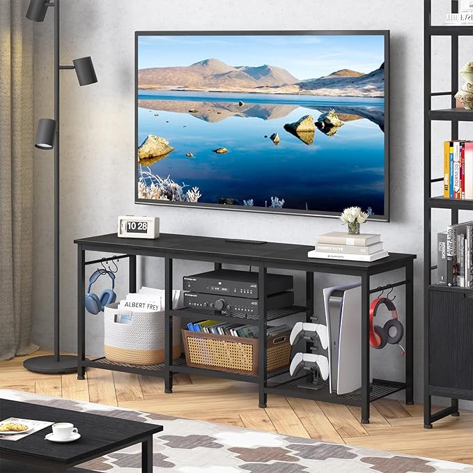 YGEOMER TV Stand for Tvs Up to 50 Inch, Entertainment Center with Power Outlet and Open Storage Shelves, TV Console Table for Living Room Bedroom, Black