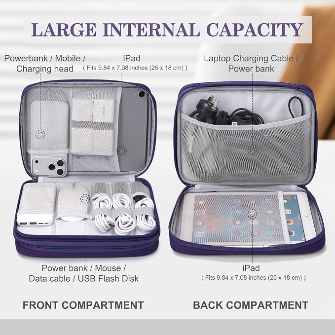 FYY Electronic Organizer, Extra Large Travel Cable Organizer Bag Pouch Portable Waterproof Double Layers All-in-One Storage Bag for iPad, Cable, Power Bank, Laptop Charger for Office/Home, Purple