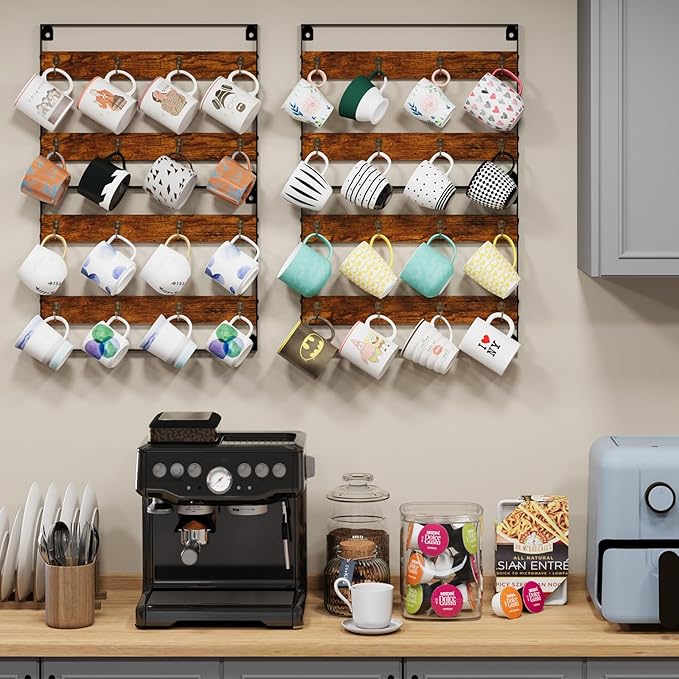 Huxitocan Wall Mount Coffee Mug Holder - Rustic Wood and Iron, Holds Up to 24 Mugs (3Pack) for Kitchen, Home, Coffee Bar