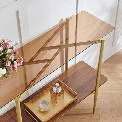 Rectangle Glass Console Table, Mid-Century Modern Design, L41*W14*H32 inch, for Living Room, Amber Glass Top and Walnut Finish Wood Shelf, Conical Metal Legs with Gold Finish
