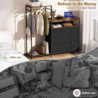 58" H Dresser for Bedroom with Hanging Rack,8 Drawers Freestanding Clothing Rack, Large Capacity Storage Organizer with USB Charging Station & LED Lights for Bedroom Dorm Room Apartment,Grey