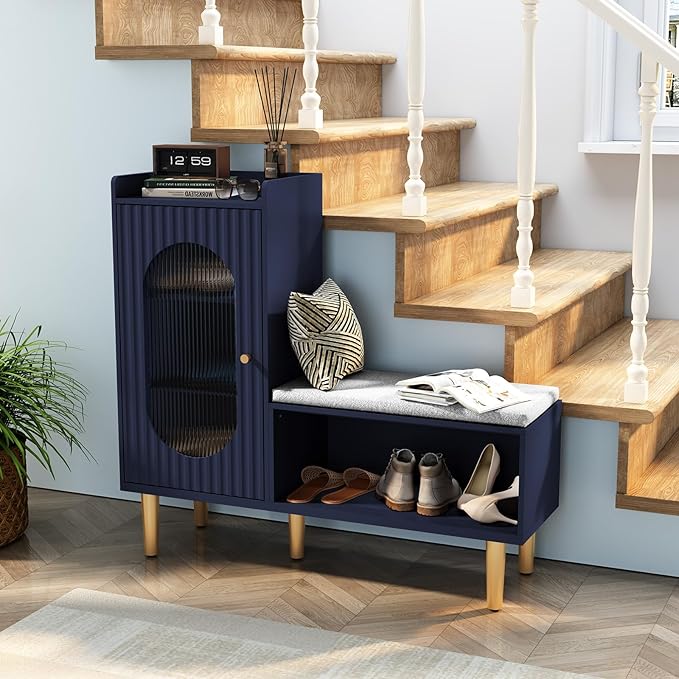 HLR Storage Bench Set of 2, Blue Modern Entryway Shoe Cabinet Bench with Glass Door&Shelf, L-Shaped Storage Cabinet with Padded Seat for Hallway, Bedroom, Living Room, Office