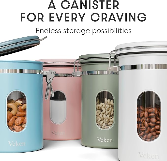 Veken Coffee Canister with Window, Airtight Stainless Steel Kitchen Food Storage Container with Lids, Date Tracker and Scoop for Ground, Beans, Tea, Flour, Cereal, Sugar Jars, 22OZ, Blue