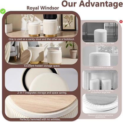 Royal Windsor Round Ottoman with Storage Set of 2, Vanity Stool with Storage for Bedroom, Ottoman Coffee Table Gold-Tone Ring Around The Base, Small Velvet Foot Stool for Living Room, Beige