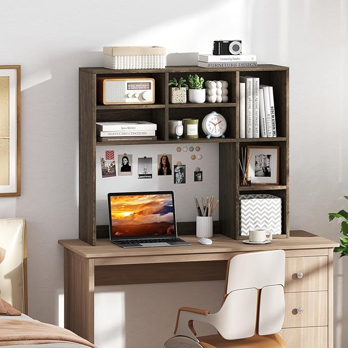 Desk Hutch, Desktop Shelf with 7 Shelves, Desk Bookshelf w/Anti-Toppling Devices, Wood Table Top Bookshelf Organizer, Small Desk Shelf for Study, Office, Dorm (Grey, 7 Shelves)