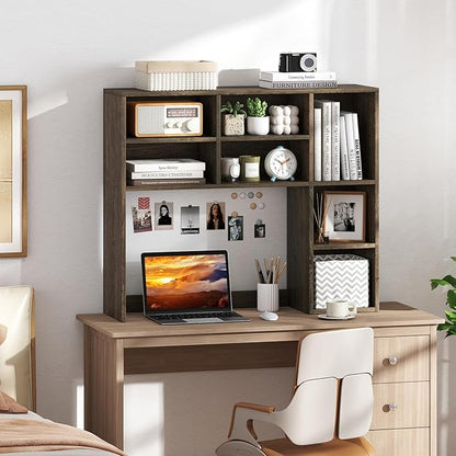 Desk Hutch, Desktop Shelf with 7 Shelves, Desk Bookshelf w/Anti-Toppling Devices, Wood Table Top Bookshelf Organizer, Small Desk Shelf for Study, Office, Dorm (Grey, 7 Shelves)