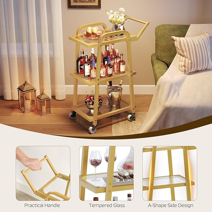 3 Tier Bar Cart, Home Bar Serving Cart, Rolling Bar Cart with Wheels, Mobile Drink Cart, for Kitchen, Garden, Party, Gold BC07GD