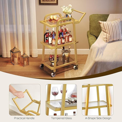 3 Tier Bar Cart, Home Bar Serving Cart, Rolling Bar Cart with Wheels, Mobile Drink Cart, for Kitchen, Garden, Party, Gold BC07GD