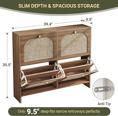 Nicetree Freestanding Ultra Slim Fluted Accent Shoe Storage Cabinet for Entryway - 4 Flip Drawers & 3-Tier Adjustable Shelves, Farmhouse Modern Rustic Shoe Rack for Hallway, Foyer, Living Room