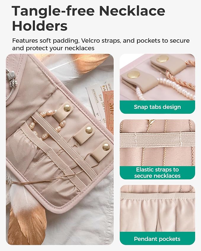 BAGSMART Travel Jewelry Organizer Case K Initial Foldable Jewelry Roll for Journey Rings, Necklaces, Earrings, Bracelets,Mini,Letter K,Soft Pink