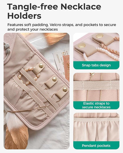 BAGSMART Travel Jewelry Organizer Case A Initial Foldable Jewelry Roll for Journey Rings, Necklaces, Earrings, Bracelets,Mini,Letter A,Soft Pink