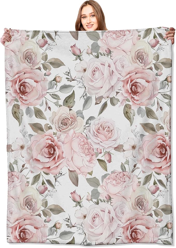 Floral Blanket,Vintage Pink Rose Throw Blankets,Birthday Gifts for Women & Flower Lovers,Lightweight Soft Fleece,for Picnic Sofa Couch Bed Room Travel,Modern Romantic Decor,40x50in