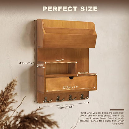 Rebee Vision Pine Wood Key Holder Wall Mount for Home Decor – Wall-Mounted Key Rack with 4 Anchor Style Hooks Attach the Leash – Rustic Mail Organizer for Apartment Essentials (Yellow)