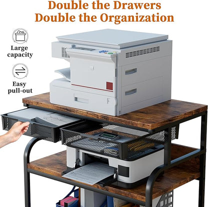 EasyCom 32.3"x18.9" Extra Large Printer Stand with Double Drawers, 5-Adjustable Heights 3 Tier Table with Wheels, Rolling Printer Cart with Storage for Printer Scanner Fax Home Office Use
