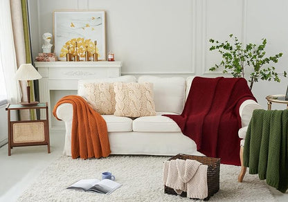 Longhui bedding Chunky Cable Knit Throw Blanket Lightweight Wine red 100% Organic Cotton Blanket for Sofa Couch Bed Baby Nursery, Rustic Shabby Chic Modern Farmhouse, 60” x 80” Give Laundering Bag