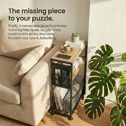 Skinny Side Table with Storage, 3 Tier Slim Side Tables for Small Spaces, Skinny End Table Narrow Bedside Table Narrow Side Table for Living Room, Bedroom