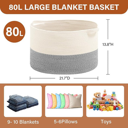Foldable Laundry Hamper Basket with Collapsible Handle Cotton Rope Soft Woven Fabric Storage Organizer Clothes Toys Nursery Bedroom Dorm Space Saving Bin (White & Light Grey, 80L(21.7"D x 13.8"H))