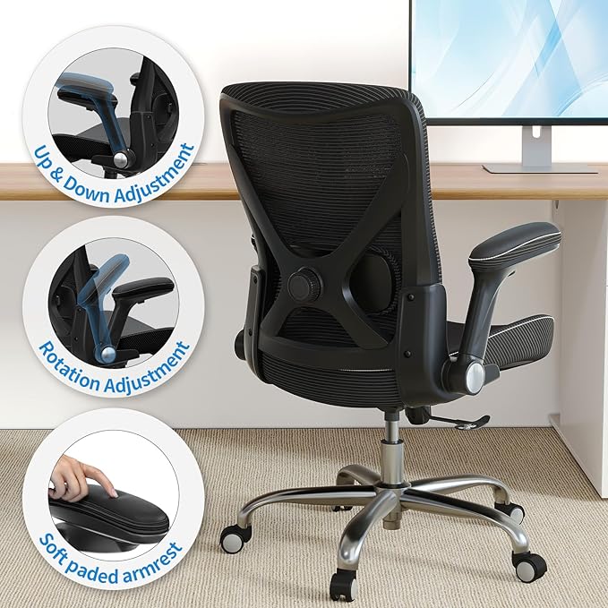Office Home Ergonomic Desk Chair-Computer X-Shaped Chair Mesh PU Leather with Adjustable Lumbar Support-Executive Chair High Back Flip-Up Arms for Long Hours (Black-No Headrest)