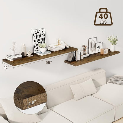 Dreamland 55" Floating Shelves for Wall, 12" Deep Slim Rustic Brown Floating Shelves, Wall-Mounted Shelves for Bedroom, Living Room, Kitchen, Bathroom - Set of 2