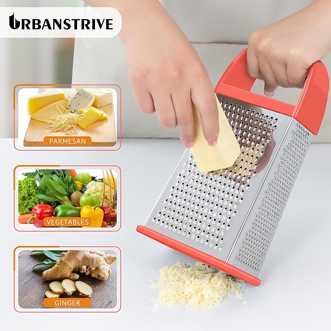 Urbanstrive Cheese Grater With Container, Professional Cheese Grater with Handle, Stainless Steel Graters for Kitchen Handheld, Box Grater with 4 Sides for Vegetables, Ginger, Potatoes (Coral)