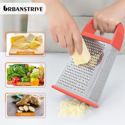 Urbanstrive Cheese Grater With Container, Professional Cheese Grater with Handle, Stainless Steel Graters for Kitchen Handheld, Box Grater with 4 Sides for Vegetables, Ginger, Potatoes (Coral)