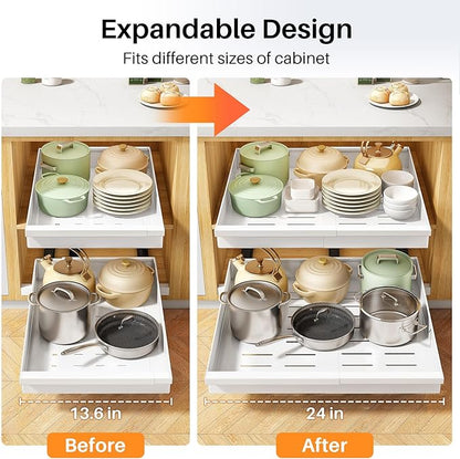Pull out Cabinet Organizer, 4-Pack Expandable(13.6"-24") Silde out Drawers with Raising Pad for Framed Cabinets, Adjustable Full-Extension Adhesive Roll out Shelves for Kitchen Pantry Home Pot and Pan