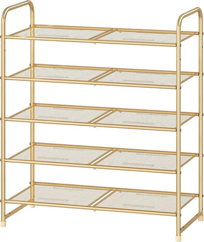Simple Trending 5-Tier Stackable Shoe Rack, Expandable & Adjustable Shoe Shelf Storage Organizer, Metal Mesh, Gold