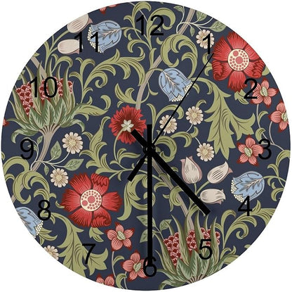 Retro Floral Wall Clock Silent Non Ticking Battery Operated, Vintage William Morris Style Blue Garden Plants Herbs Red Flowers Clock Decorative for Bathroom Kitchen Bedroom Living Room(12 Inch)