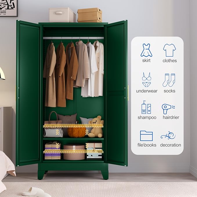 GAIOUS Metal Wardrobe Cabinet with Mirror and Hanging Rod, 71" Green | Clothing Storage Cabinets with 2 Doors and Adjustable Shelves, Armoire Wardrobe Closet for Bedroom, Laundry Room, Cloak Room