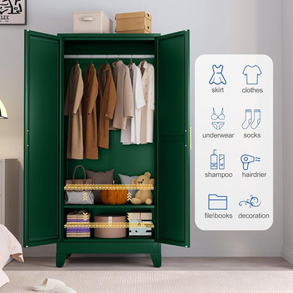 GAIOUS Metal Wardrobe Cabinet with Mirror and Hanging Rod, 71" Green | Clothing Storage Cabinets with 2 Doors and Adjustable Shelves, Armoire Wardrobe Closet for Bedroom, Laundry Room, Cloak Room