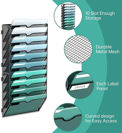 SUPEASY 10-Tier Wall File Organizer, Hanging Wall Files for Papers, Folders, Magazines, Clipboard, Wall Organizer for Office Home School Classroom, Black