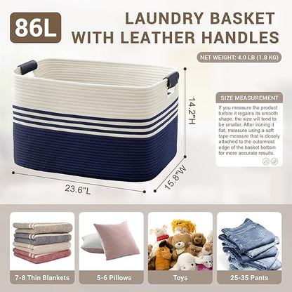 SunNewt 86L Extra Large Laundry Basket with Leather Handles for Living Room Storage, Woven Rope Baskets for Blanket, Kids Toy, Gifts, Wicker Hamper for Bedroom Dirty Clothes, 24"x16"x14" White Navy