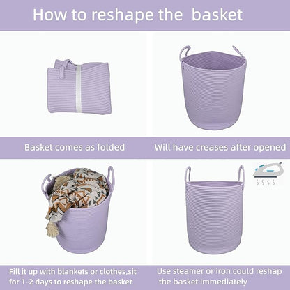 Cotton Rope Laundry Basket Hamper for Clothes Woven Storage Basket for Living Room Bedroom Boho Tall Rope Baskets for Blanket Toys Pillow Towels Baby Nursery Hamper Bin Large purple