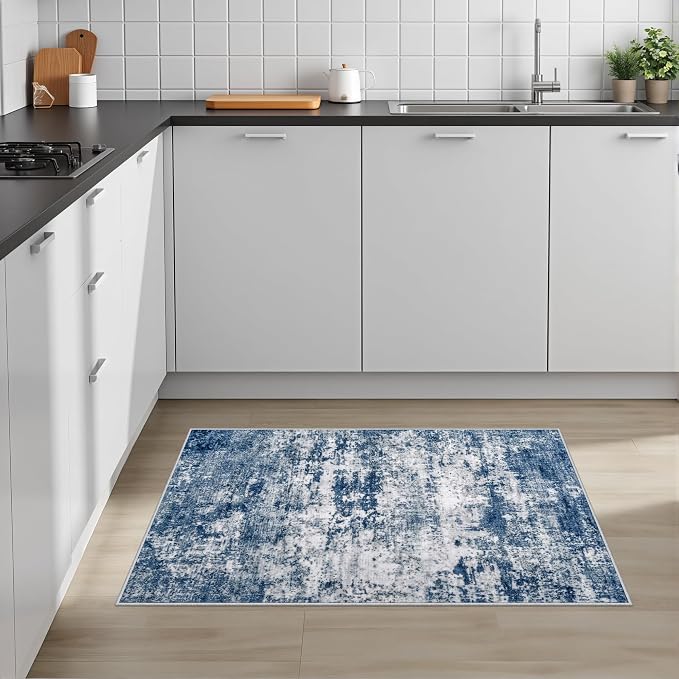 Washable Area Rug 2x3 Entryway Rug: Washable Modern Abstract Soft Thin Rug Indoor Floor No Slip Stain Resistant Carpet for Bedroom Dining Room Farmhouse Nursery Home Office - Blue