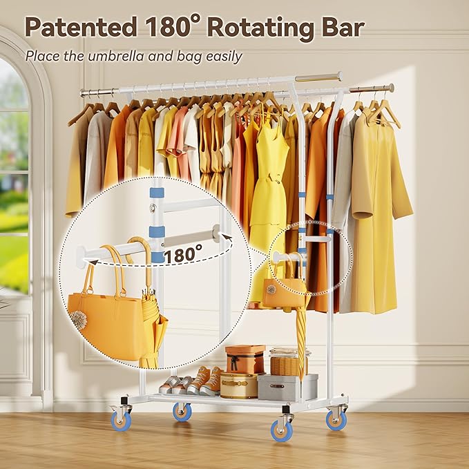 Heavy Duty Clothes Rack for Hanging Clothing: 800LBS Rolling Coat Racks Poartable Garment with Wheels Shelves Freestanding Sturdy Metal Adjustable Extendable Bedroom Laundry Living Room