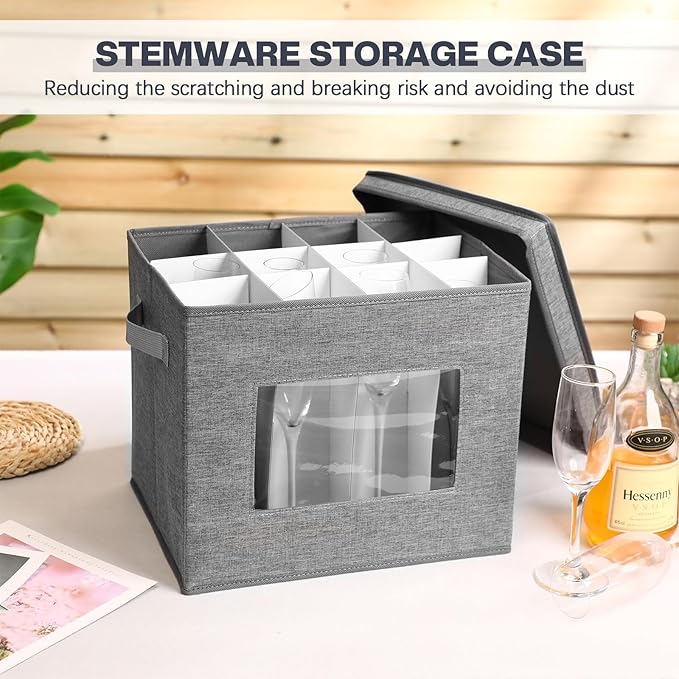 Norme 3 Pack Wine Glasses Storage Box with Dividers, 12 Compartments Stemware Storage Cases Champagne Flute Box with Lid Handle Window China Container Organizer for Moving(Champagne Flute Size,Gray)