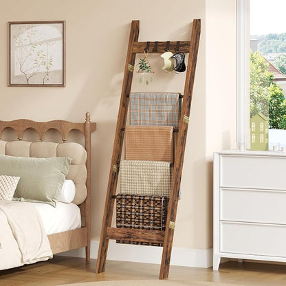 Hzuaneri Blanket Ladder for Living Room, Decorative Quilt Rack with 4 Removable Hooks, 5-Tier Farmhouse Ladder Holder Shelf Organizer for Bedroom, Rustic Brown and Black 02101BBR